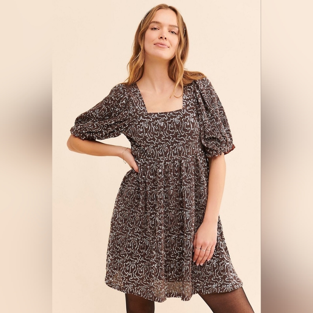 NWT Size M Anthropologie Moon River Sequin Babydoll Mini Dress Brown Silver